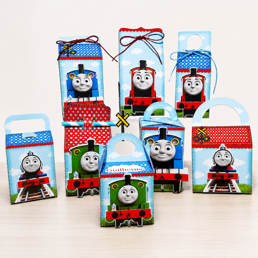 Cajas personalizadas para fiesta infantil con el tema Kit Cajas Thomas y sus Amigos, incluyendo modelos Milk, con asa y pirámide, decoradas con Thomas, Percy y James, perfectas para lembrancinhas.