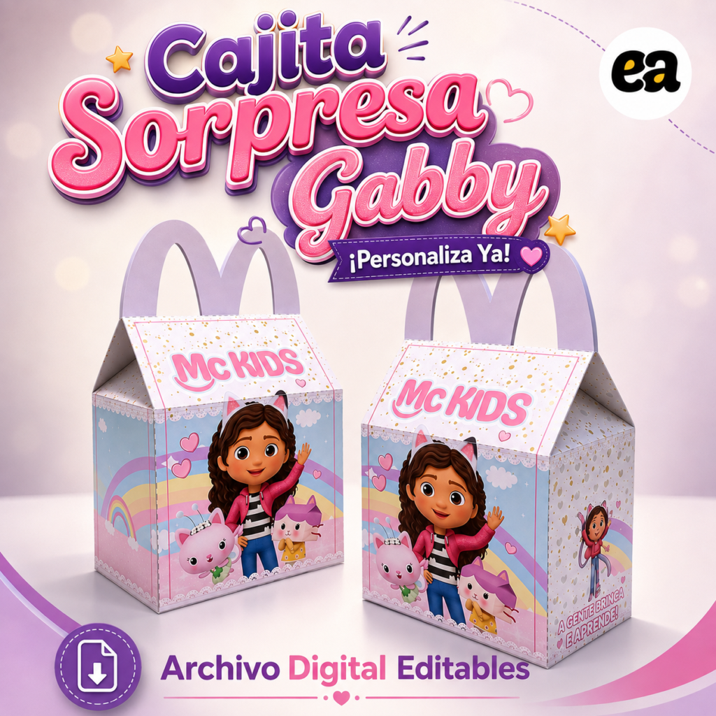Caja Mc Lanche Feliz Gabby's Dollhouse, Archivo Corte Caja La Casa Mágica de Gabby, con Gabby, Pandy Gato y Sereiata sonriendo en una fiesta infantil.