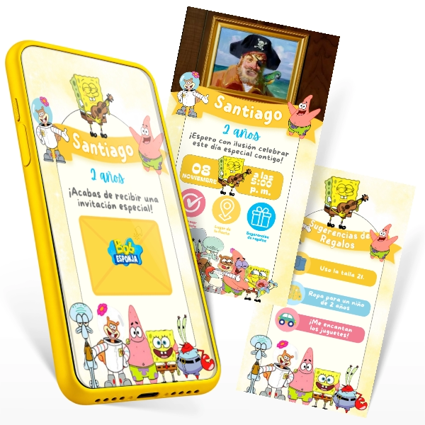 Invitación Digital Bob Esponja interativa con personajes y botones clicables para fiesta infantil de KreatiZ