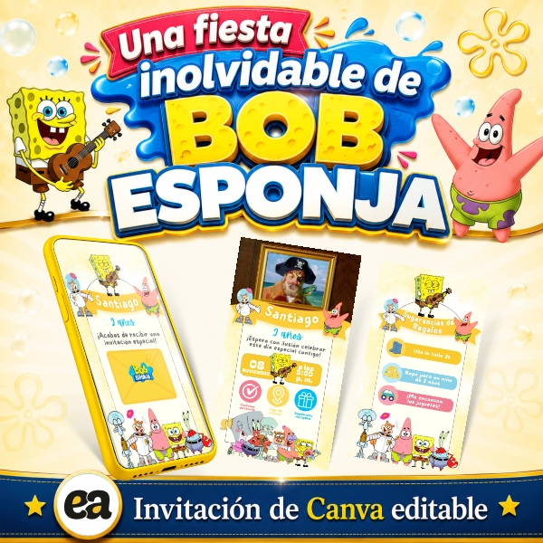 Invitación Digital Bob Esponja interativa con personajes y botones clicables para fiesta infantil de KreatiZ