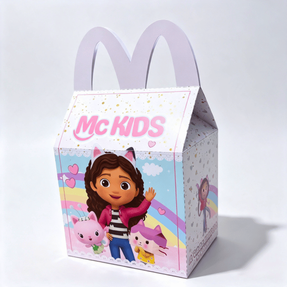 Caja Mc Lanche Feliz Gabby's Dollhouse, Archivo Corte Caja La Casa Mágica de Gabby, con Gabby, Pandy Gato y Sereiata sonriendo en una fiesta infantil.